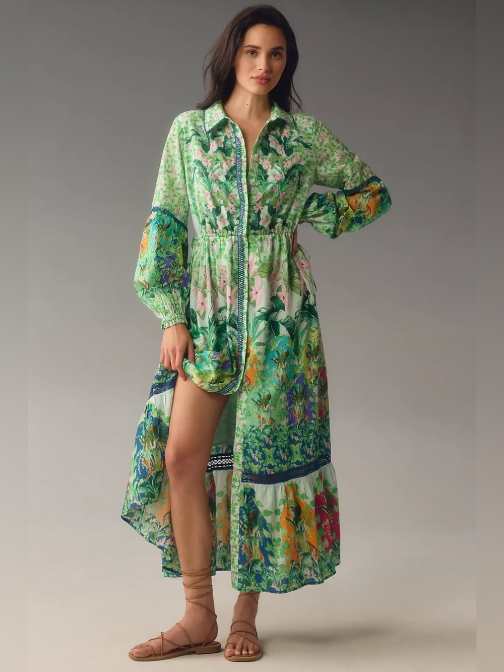 By Anthropologie Green Floral Jungle Long-Sleeve Printed Maxi Shirt Dress